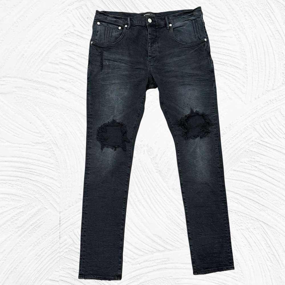 Purple Brand Jeans P002 BLB Men's 36X33.5  Distressed Black Wash Blowout‎ Slim